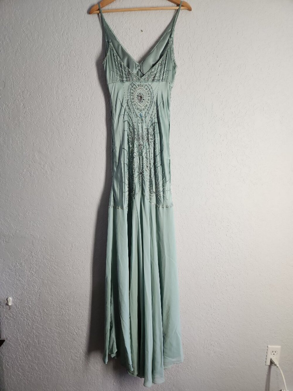 SUE WONG Nocturne silk vintage sage green embellished beaded Evening Dress gown - Picture 3 of 15